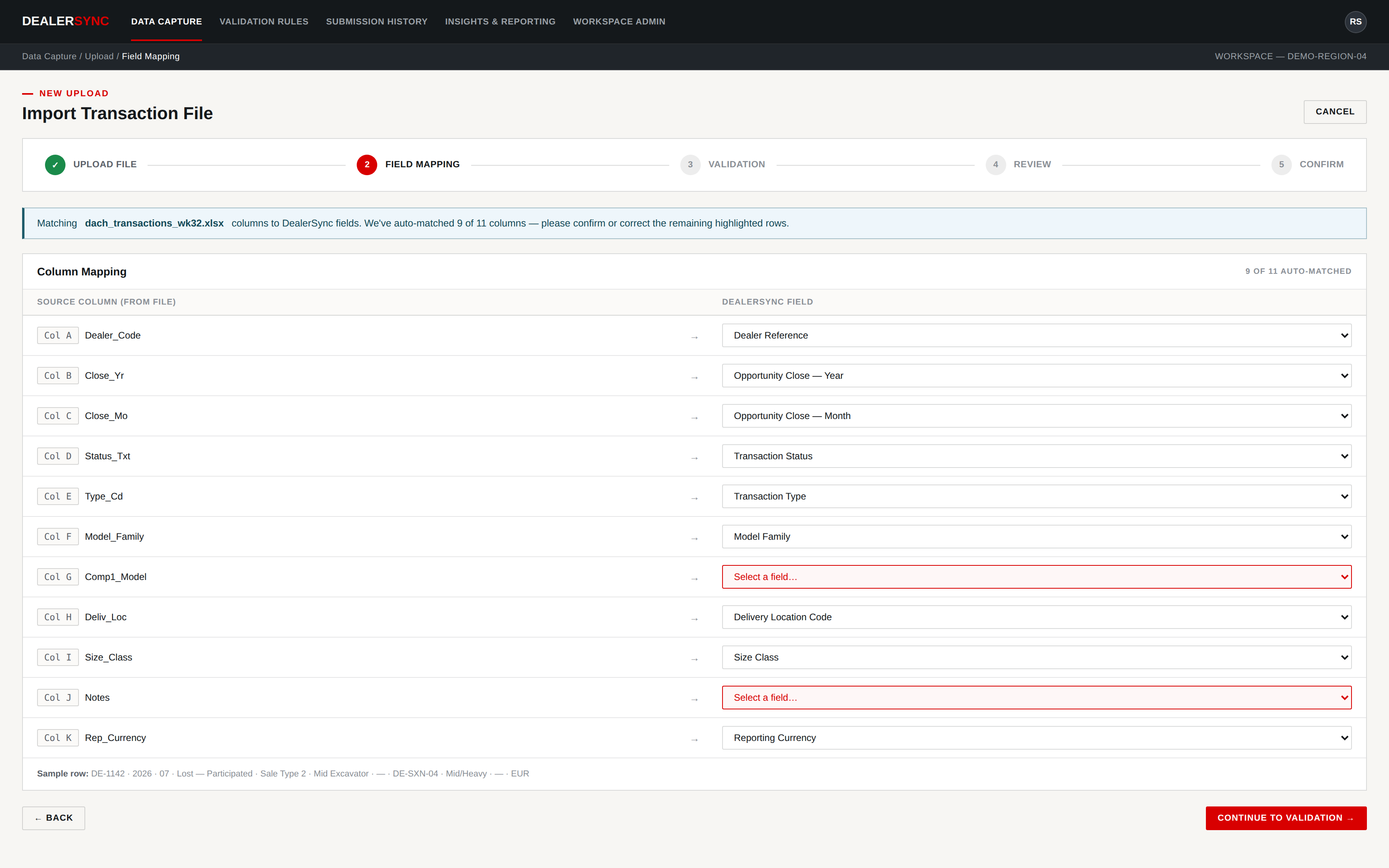 Illustrative example of a guided data import wizard with automatic column mapping