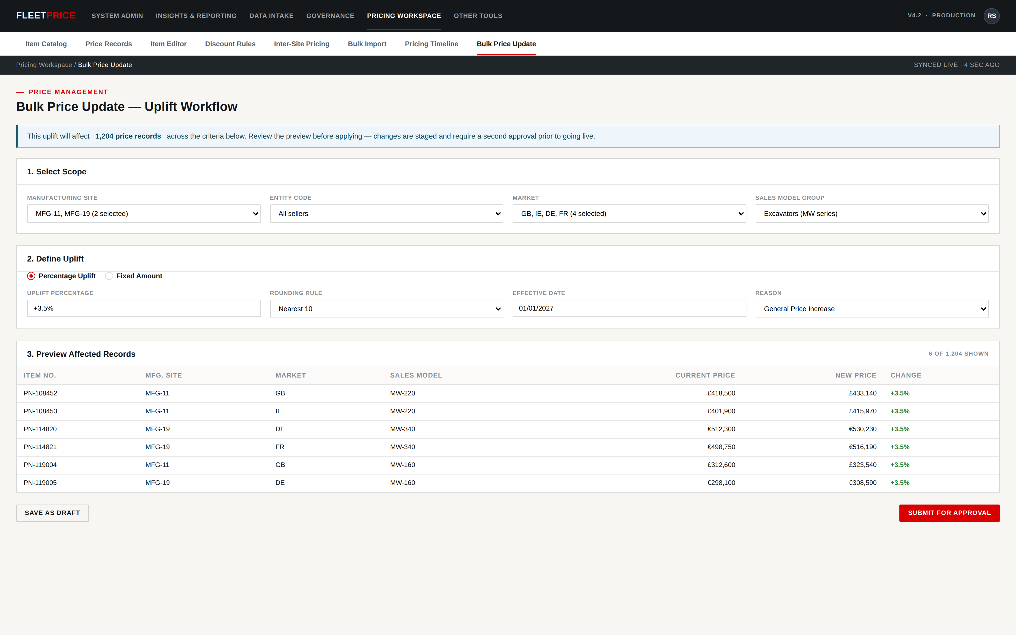 Illustrative example of a bulk price uplift workflow with a scoped preview and staged approval