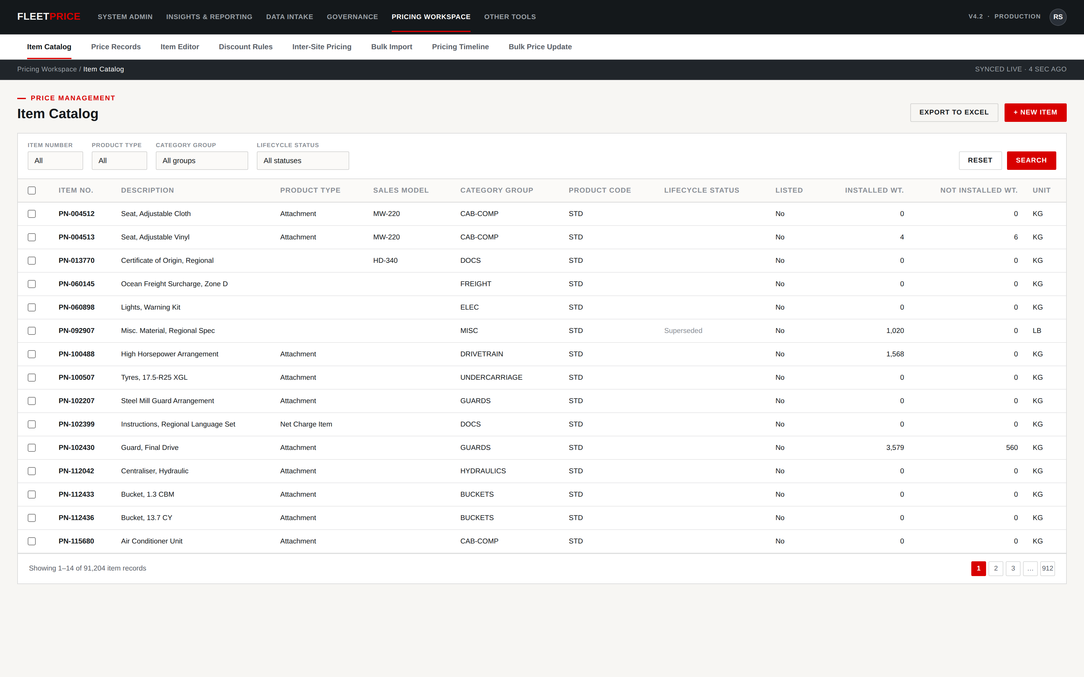 Illustrative example of a searchable pricing item catalogue